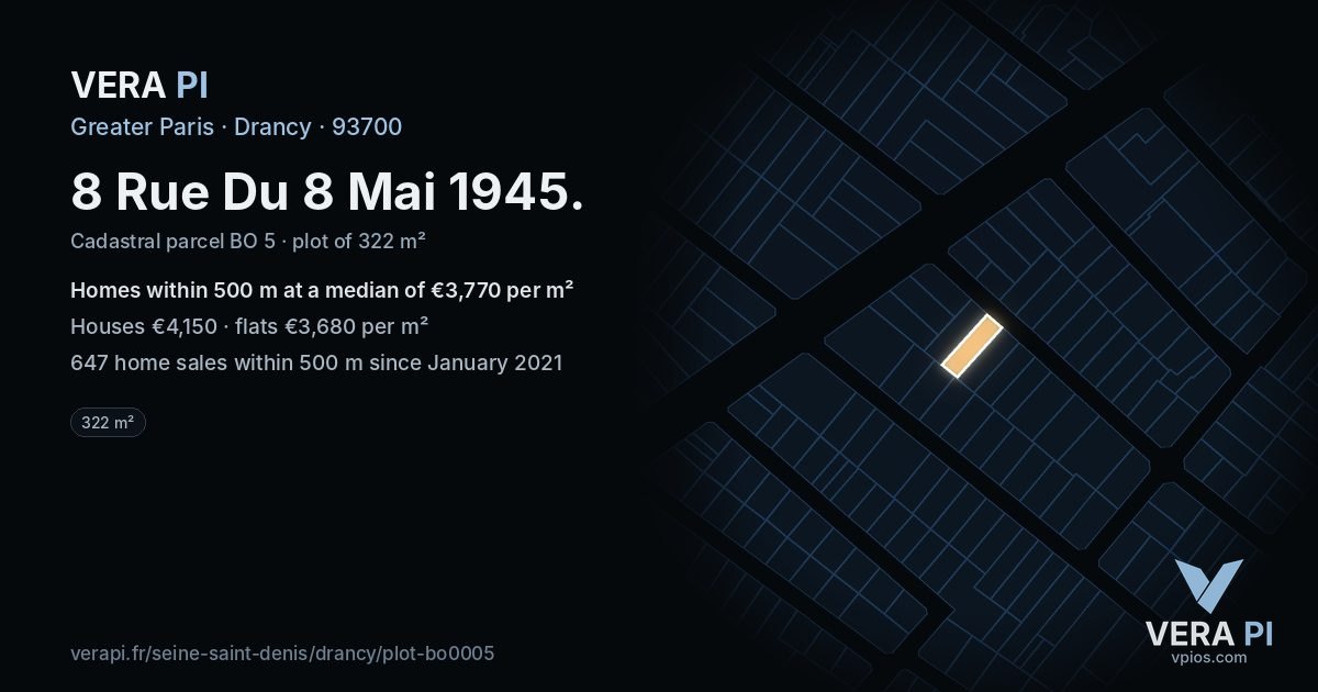 8 Rue Du 8 Mai 1945, Drancy at night – the plot lit, the parcels around coloured by the prices near them