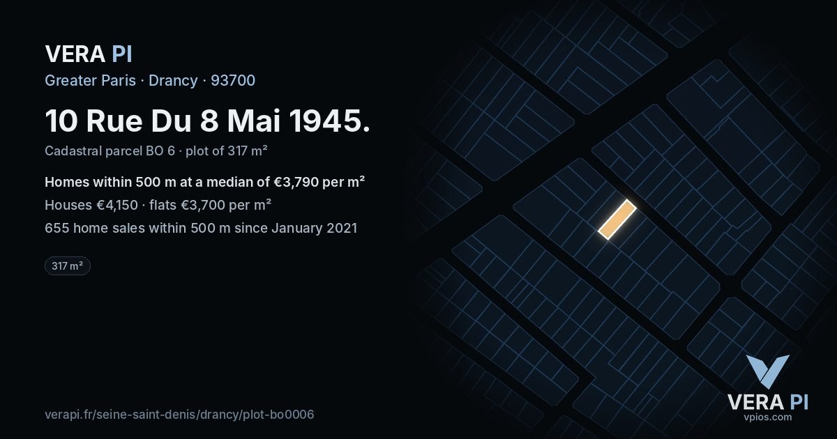 10 Rue Du 8 Mai 1945, Drancy at night – the plot lit, the parcels around coloured by the prices near them
