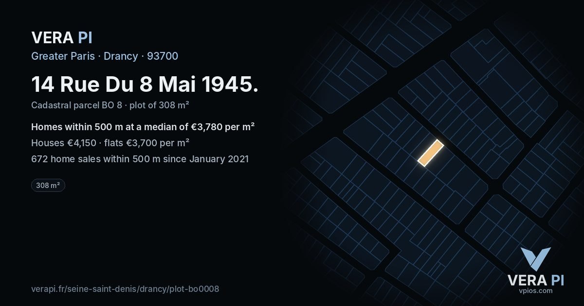 14 Rue Du 8 Mai 1945, Drancy at night – the plot lit, the parcels around coloured by the prices near them