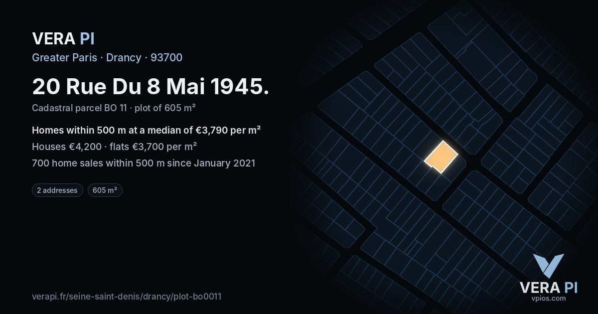 20 Rue Du 8 Mai 1945, Drancy at night – the plot lit, the parcels around coloured by the prices near them