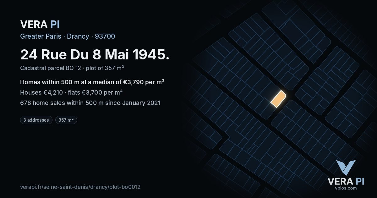 24 Rue Du 8 Mai 1945, Drancy at night – the plot lit, the parcels around coloured by the prices near them