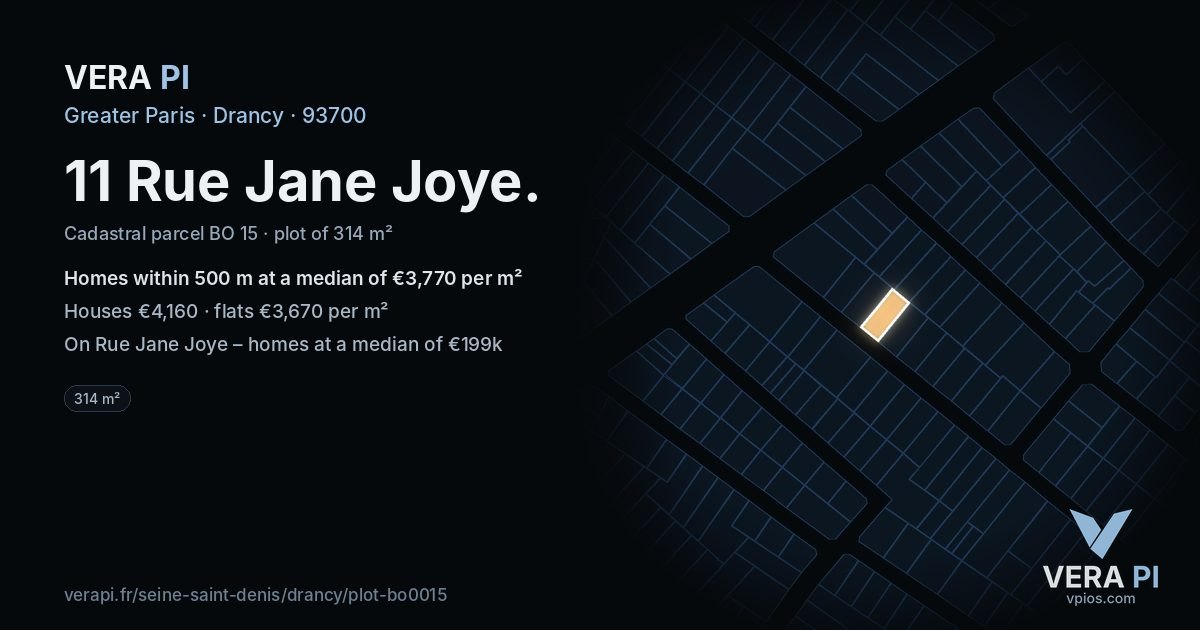 11 Rue Jane Joye, Drancy at night – the plot lit, the parcels around coloured by the prices near them