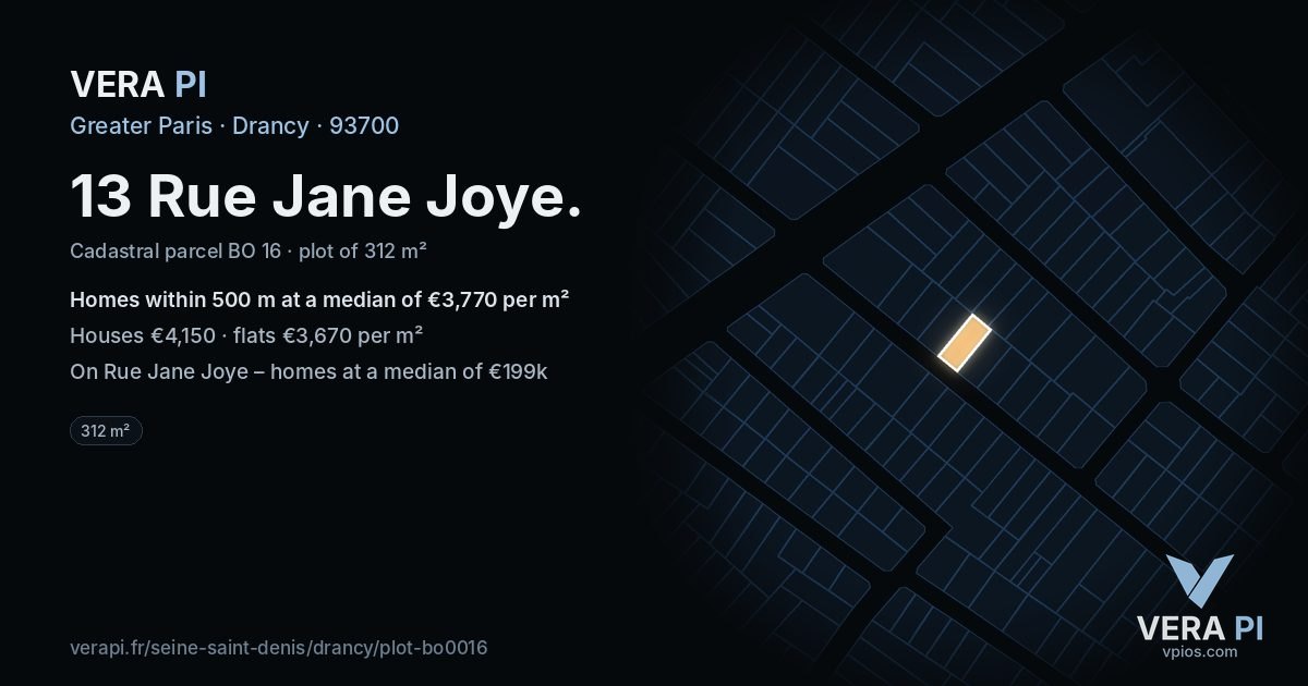13 Rue Jane Joye, Drancy at night – the plot lit, the parcels around coloured by the prices near them