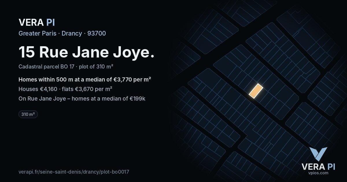 15 Rue Jane Joye, Drancy at night – the plot lit, the parcels around coloured by the prices near them