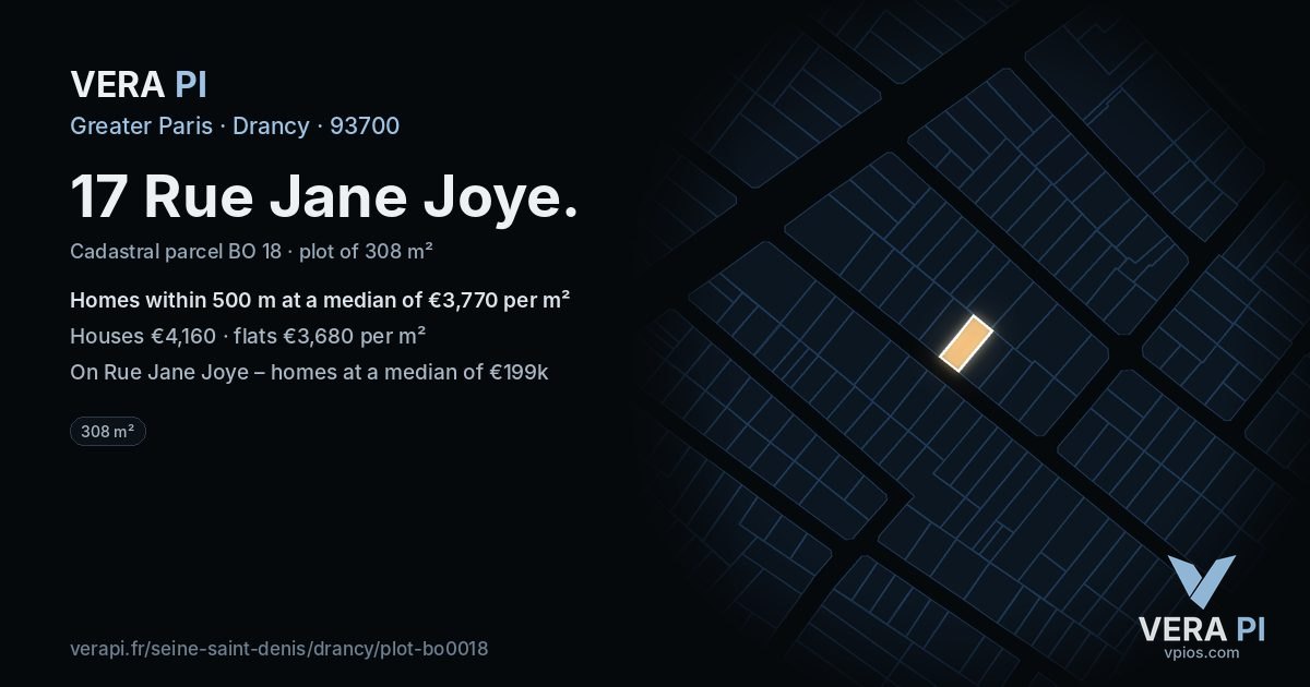 17 Rue Jane Joye, Drancy at night – the plot lit, the parcels around coloured by the prices near them