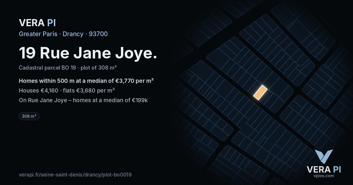 19 Rue Jane Joye, Drancy at night – the plot lit, the parcels around coloured by the prices near them