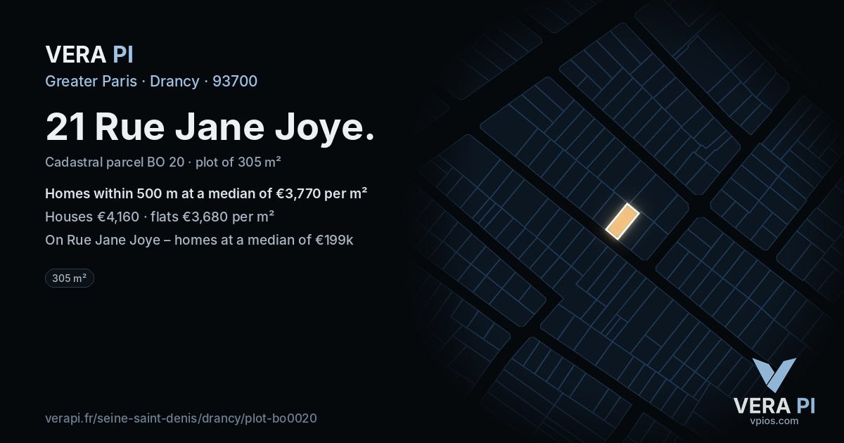 21 Rue Jane Joye, Drancy at night – the plot lit, the parcels around coloured by the prices near them