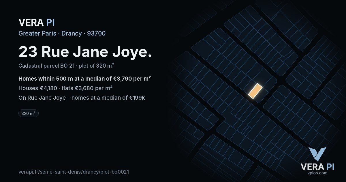 23 Rue Jane Joye, Drancy at night – the plot lit, the parcels around coloured by the prices near them