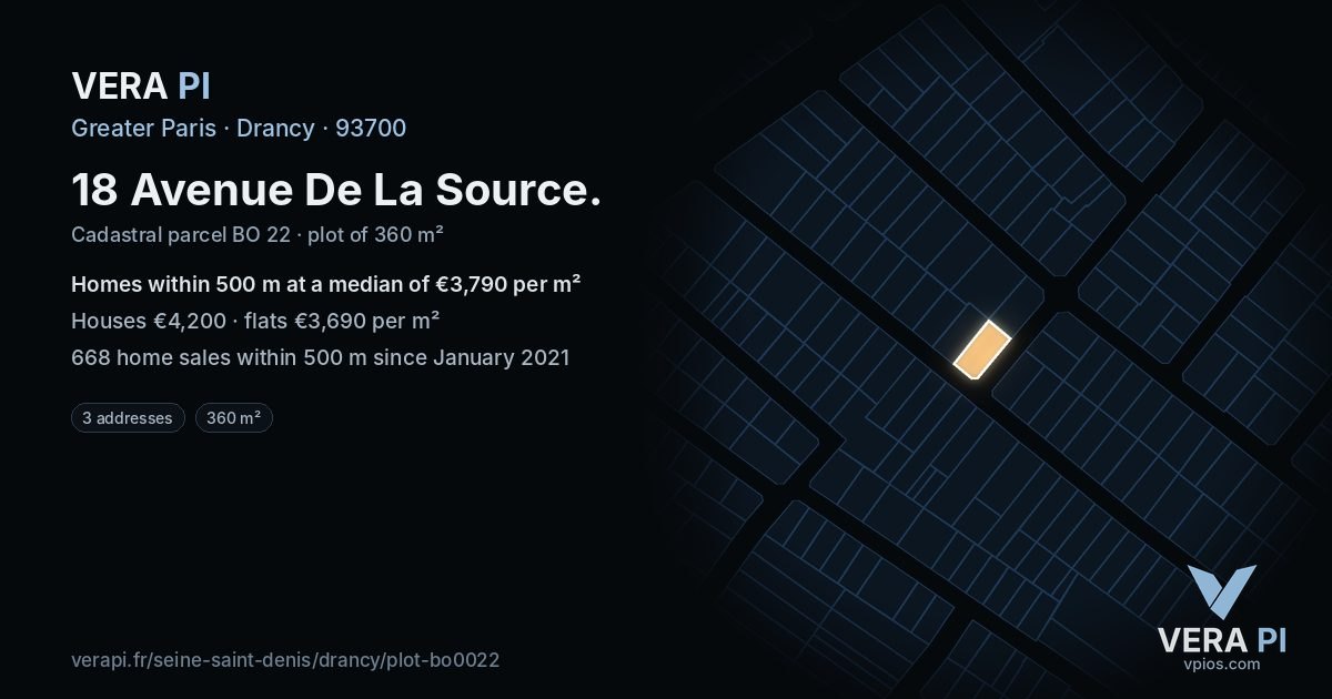 18 Avenue De La Source, Drancy at night – the plot lit, the parcels around coloured by the prices near them