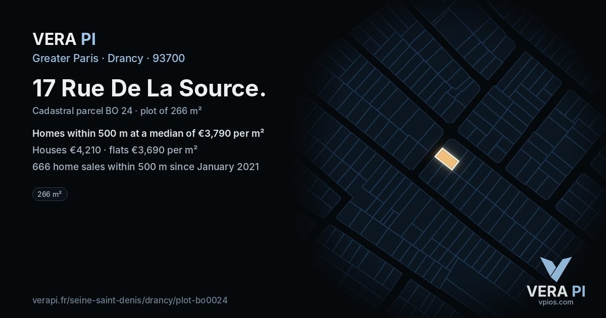 17 Rue De La Source, Drancy at night – the plot lit, the parcels around coloured by the prices near them