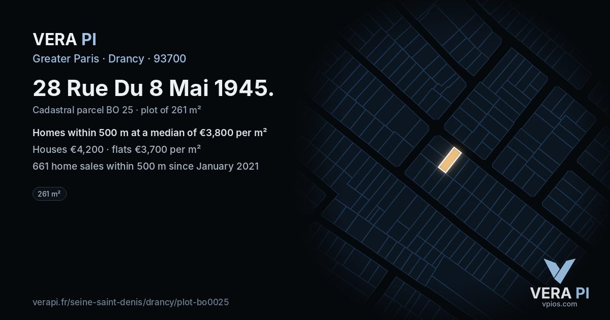 28 Rue Du 8 Mai 1945, Drancy at night – the plot lit, the parcels around coloured by the prices near them