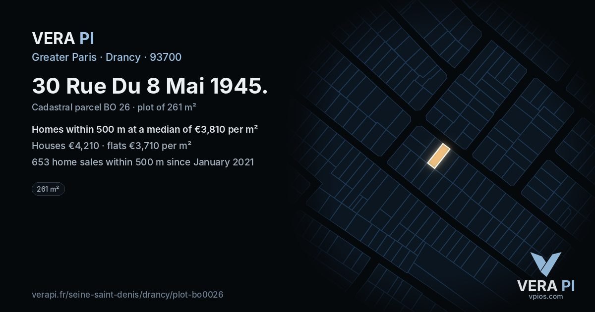 30 Rue Du 8 Mai 1945, Drancy at night – the plot lit, the parcels around coloured by the prices near them