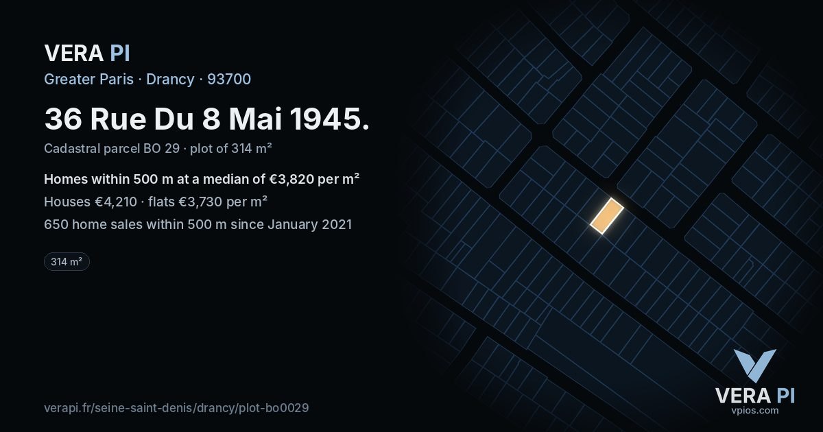 36 Rue Du 8 Mai 1945, Drancy at night – the plot lit, the parcels around coloured by the prices near them