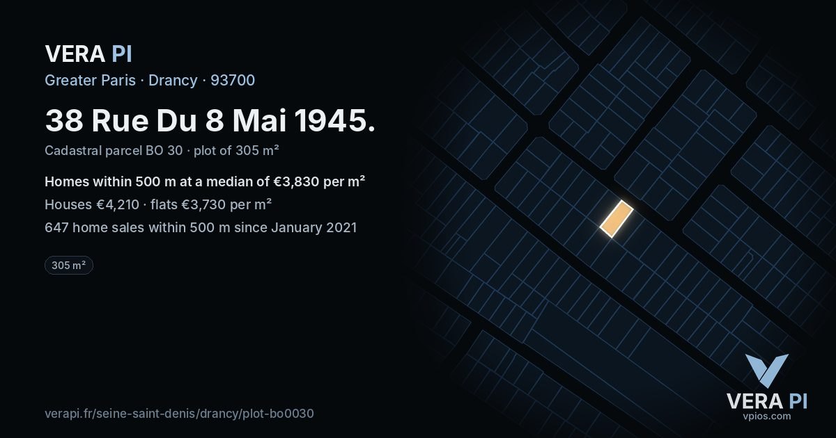 38 Rue Du 8 Mai 1945, Drancy at night – the plot lit, the parcels around coloured by the prices near them