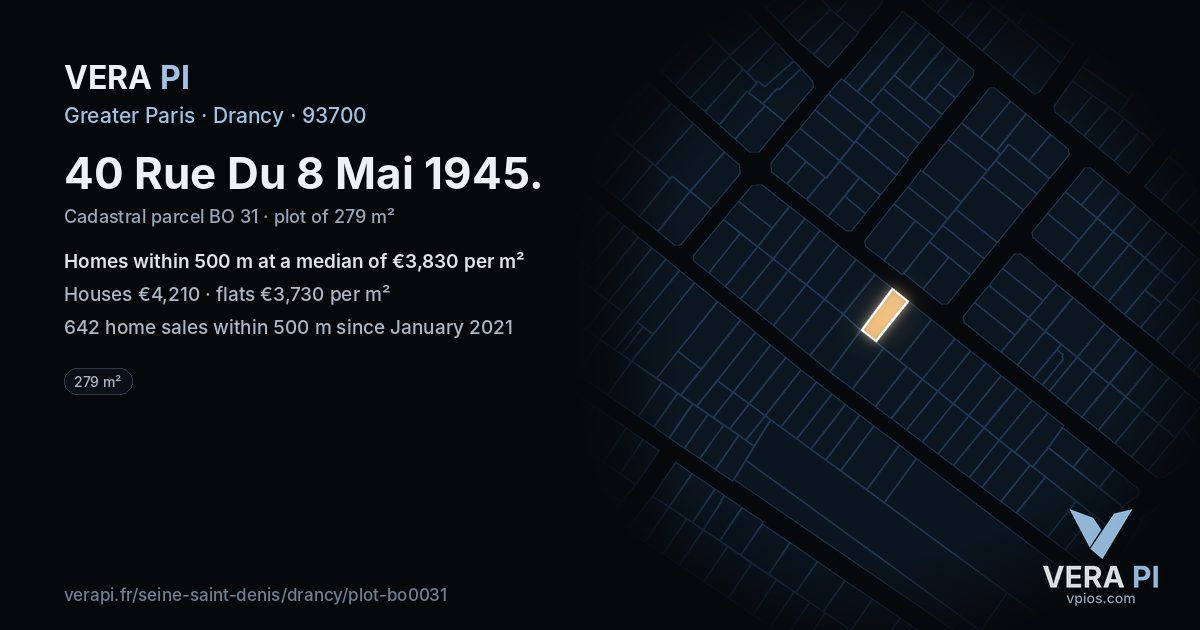 40 Rue Du 8 Mai 1945, Drancy at night – the plot lit, the parcels around coloured by the prices near them