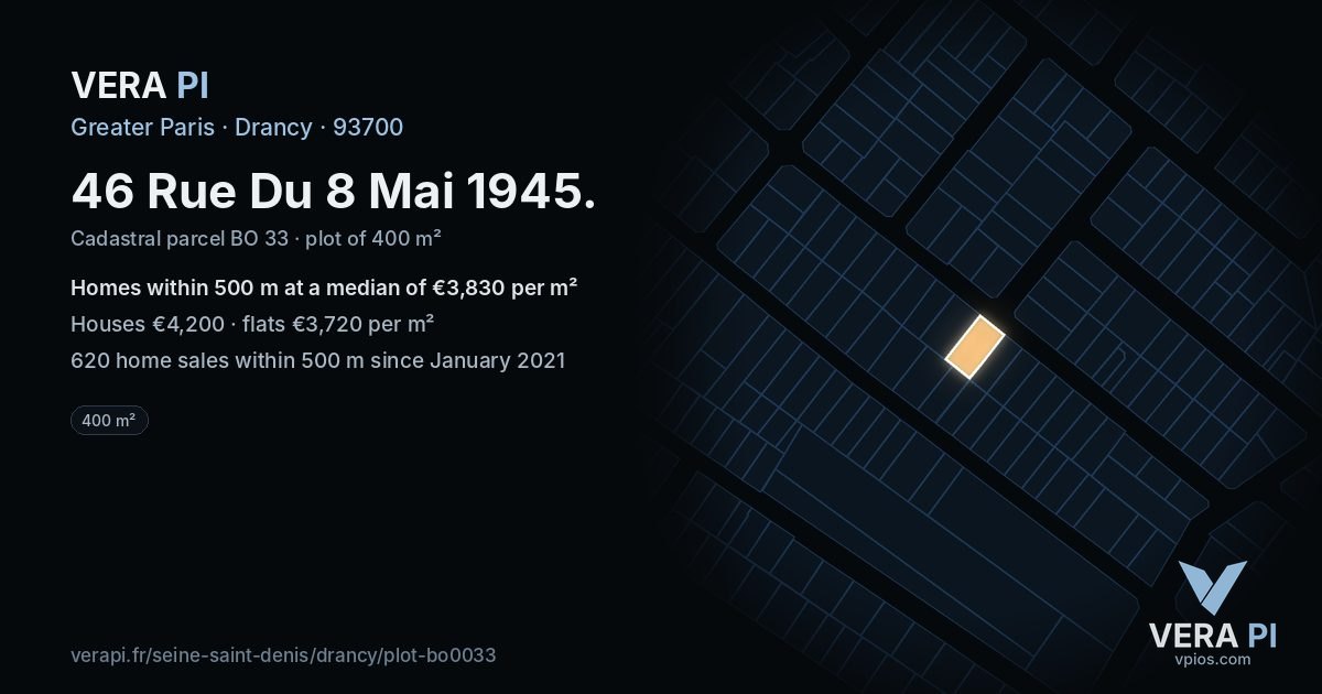 46 Rue Du 8 Mai 1945, Drancy at night – the plot lit, the parcels around coloured by the prices near them