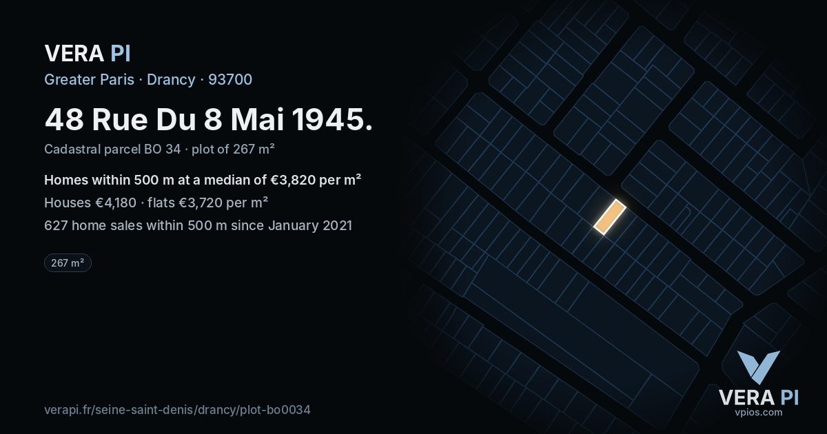 48 Rue Du 8 Mai 1945, Drancy at night – the plot lit, the parcels around coloured by the prices near them