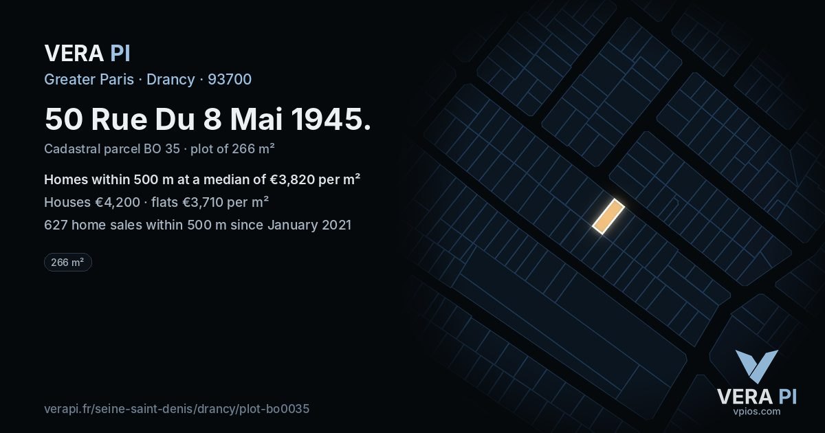 50 Rue Du 8 Mai 1945, Drancy at night – the plot lit, the parcels around coloured by the prices near them