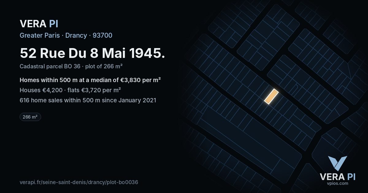52 Rue Du 8 Mai 1945, Drancy at night – the plot lit, the parcels around coloured by the prices near them
