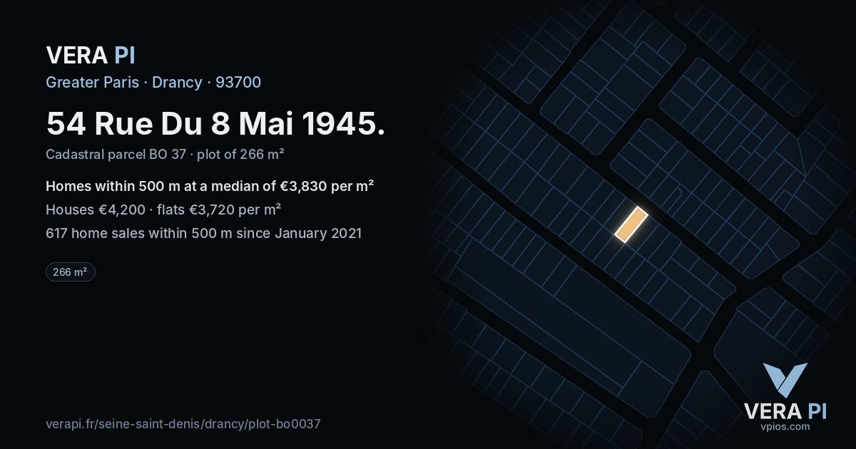 54 Rue Du 8 Mai 1945, Drancy at night – the plot lit, the parcels around coloured by the prices near them