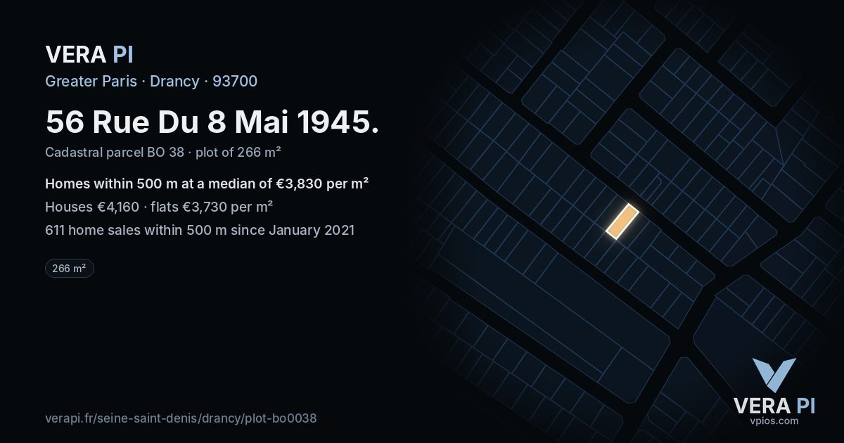 56 Rue Du 8 Mai 1945, Drancy at night – the plot lit, the parcels around coloured by the prices near them