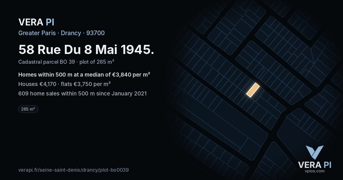58 Rue Du 8 Mai 1945, Drancy at night – the plot lit, the parcels around coloured by the prices near them