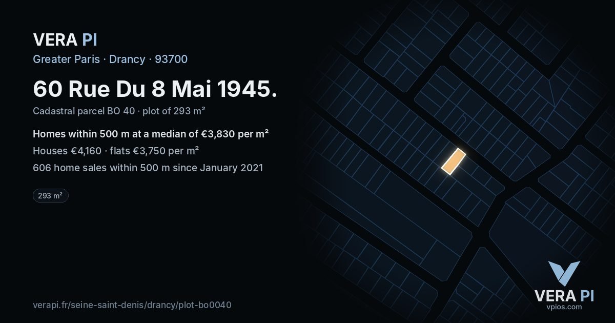 60 Rue Du 8 Mai 1945, Drancy at night – the plot lit, the parcels around coloured by the prices near them