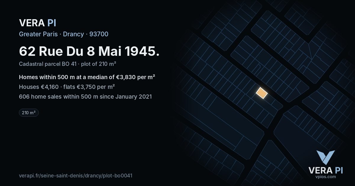 62 Rue Du 8 Mai 1945, Drancy at night – the plot lit, the parcels around coloured by the prices near them