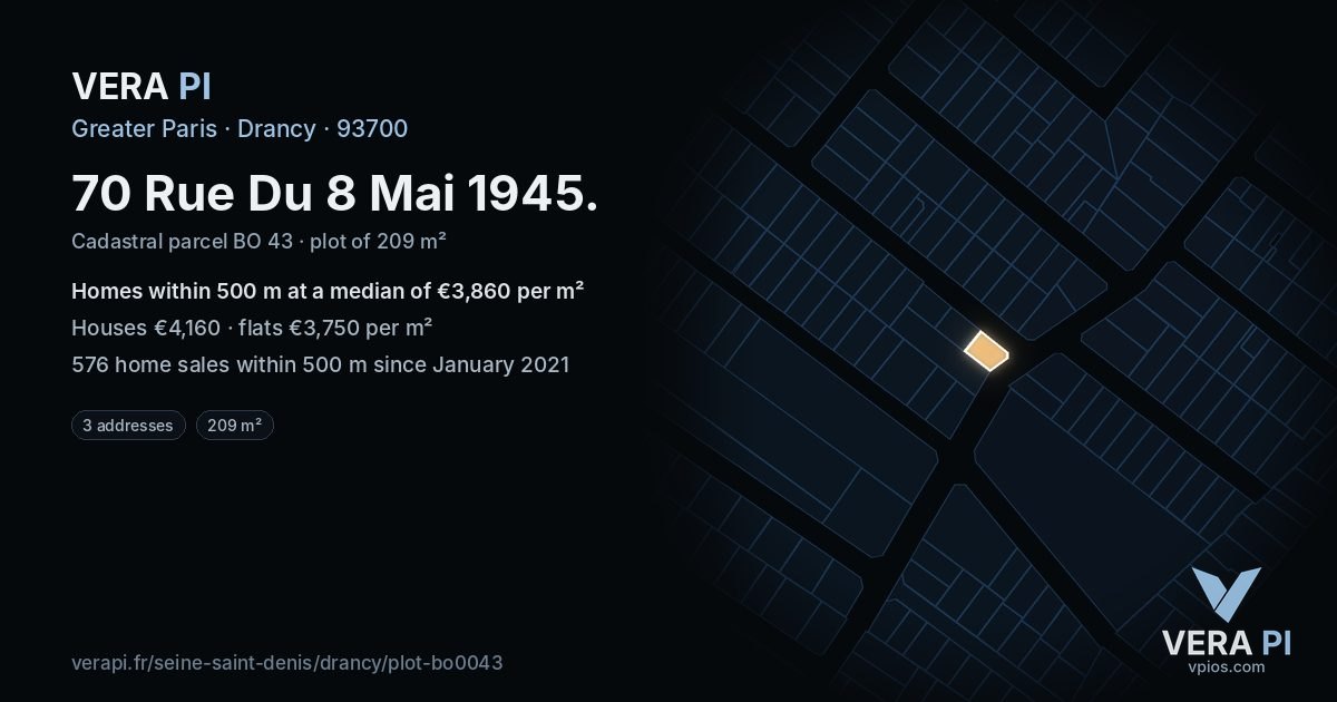 70 Rue Du 8 Mai 1945, Drancy at night – the plot lit, the parcels around coloured by the prices near them