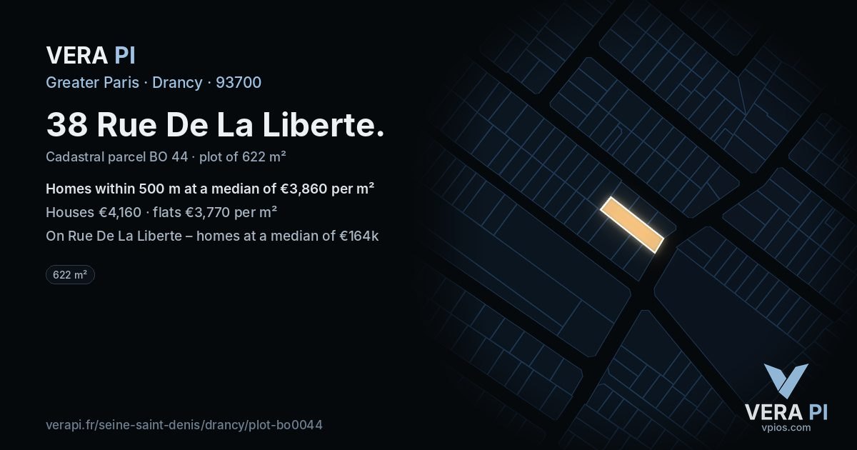 38 Rue De La Liberte, Drancy at night – the plot lit, the parcels around coloured by the prices near them