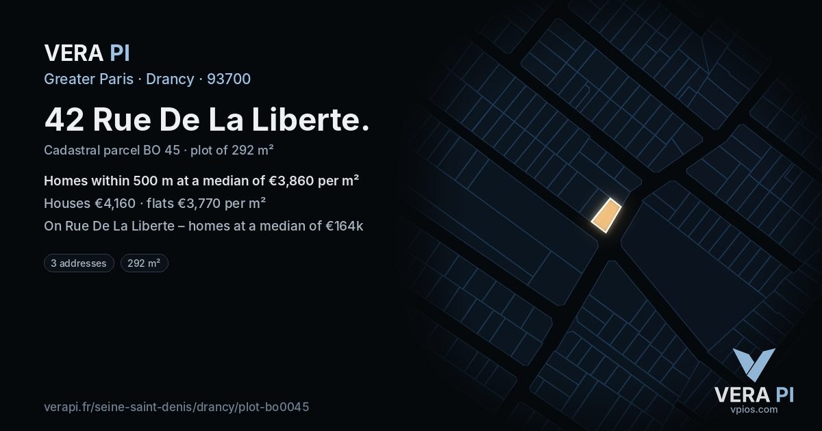 42 Rue De La Liberte, Drancy at night – the plot lit, the parcels around coloured by the prices near them