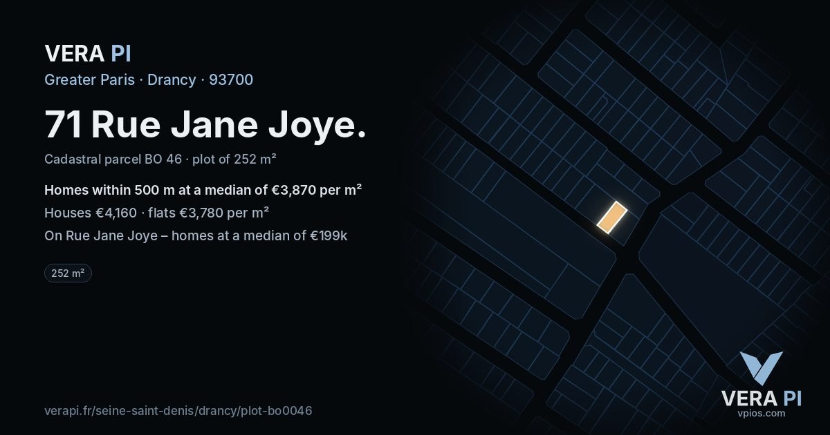 71 Rue Jane Joye, Drancy at night – the plot lit, the parcels around coloured by the prices near them
