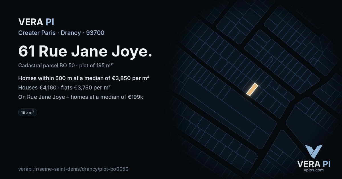 61 Rue Jane Joye, Drancy at night – the plot lit, the parcels around coloured by the prices near them