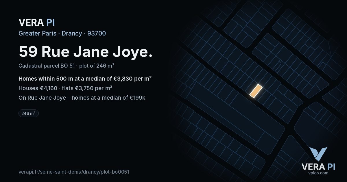59 Rue Jane Joye, Drancy at night – the plot lit, the parcels around coloured by the prices near them