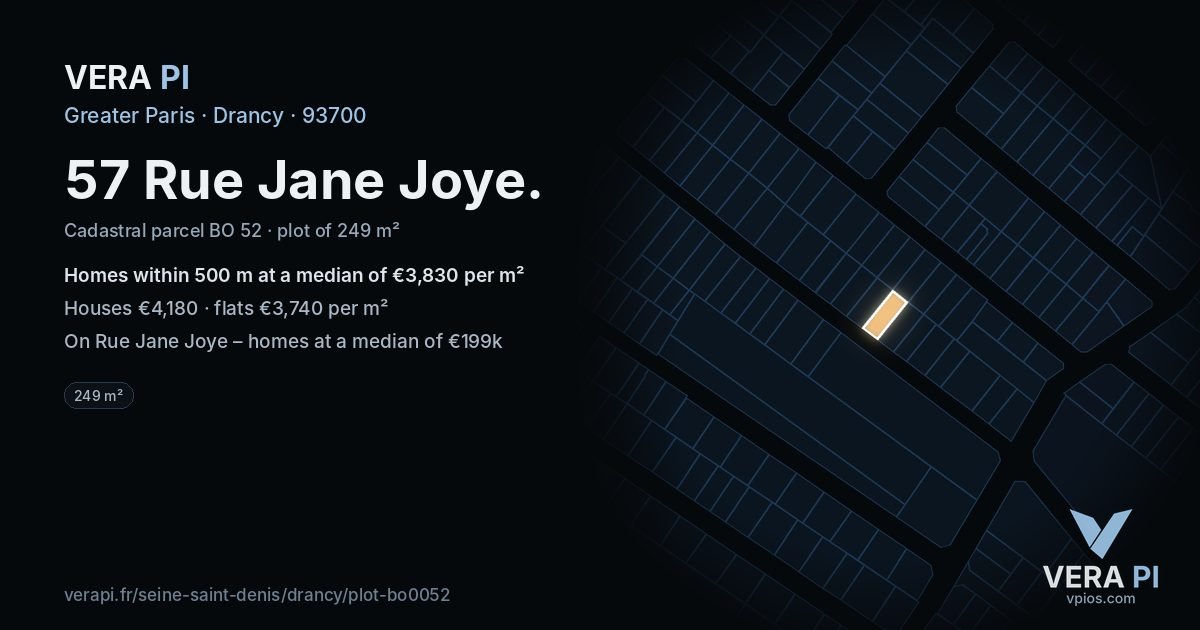 57 Rue Jane Joye, Drancy at night – the plot lit, the parcels around coloured by the prices near them
