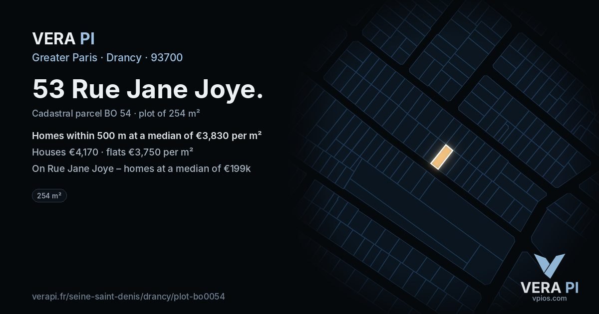 53 Rue Jane Joye, Drancy at night – the plot lit, the parcels around coloured by the prices near them