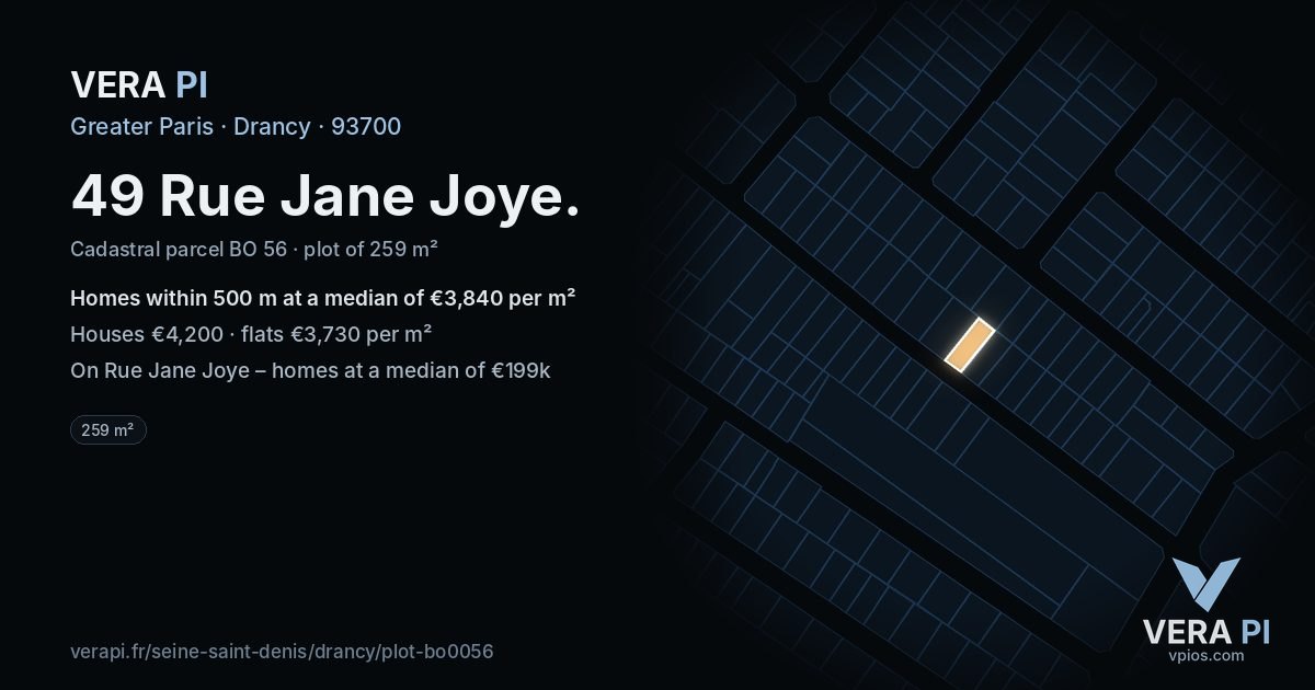 49 Rue Jane Joye, Drancy at night – the plot lit, the parcels around coloured by the prices near them