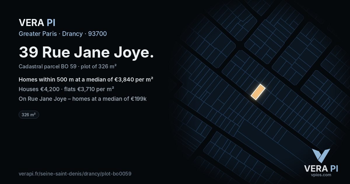 39 Rue Jane Joye, Drancy at night – the plot lit, the parcels around coloured by the prices near them