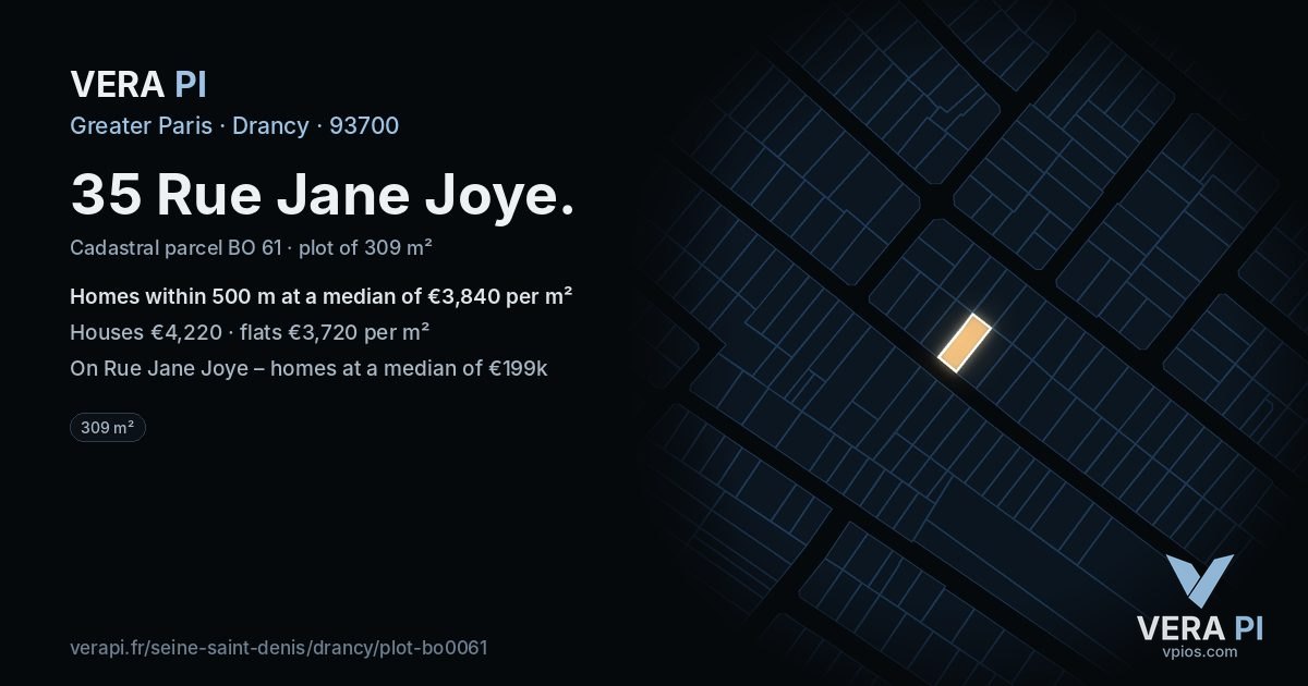 35 Rue Jane Joye, Drancy at night – the plot lit, the parcels around coloured by the prices near them