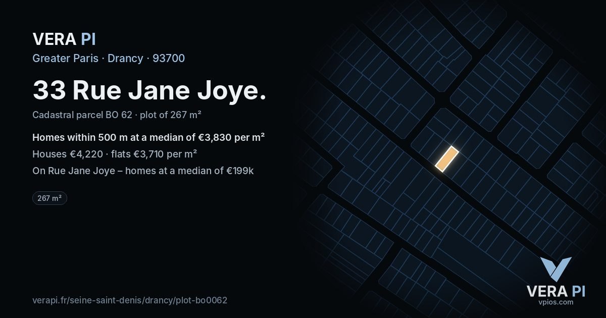 33 Rue Jane Joye, Drancy at night – the plot lit, the parcels around coloured by the prices near them