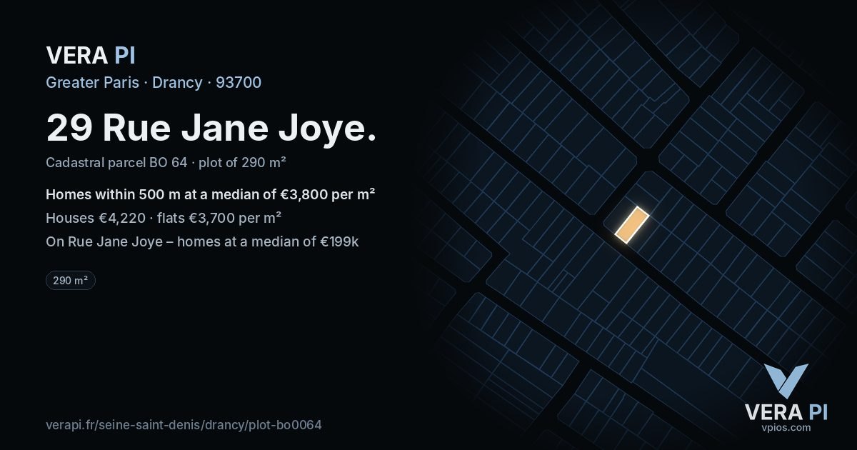 29 Rue Jane Joye, Drancy at night – the plot lit, the parcels around coloured by the prices near them