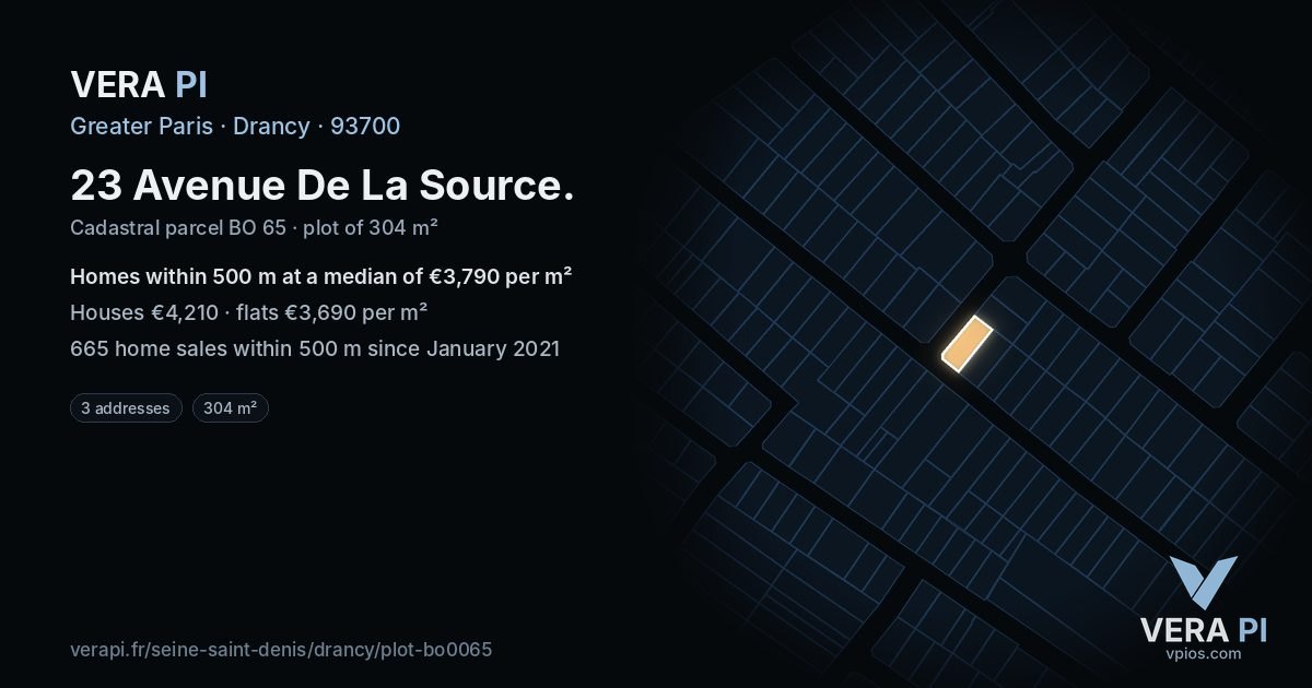 23 Avenue De La Source, Drancy at night – the plot lit, the parcels around coloured by the prices near them