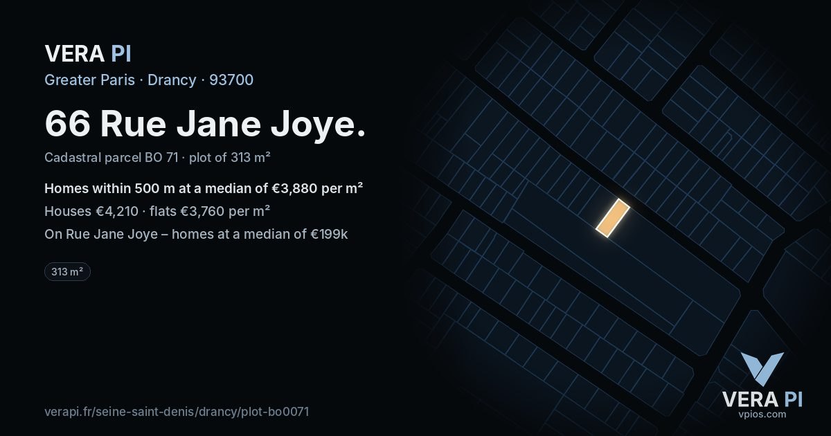 66 Rue Jane Joye, Drancy at night – the plot lit, the parcels around coloured by the prices near them