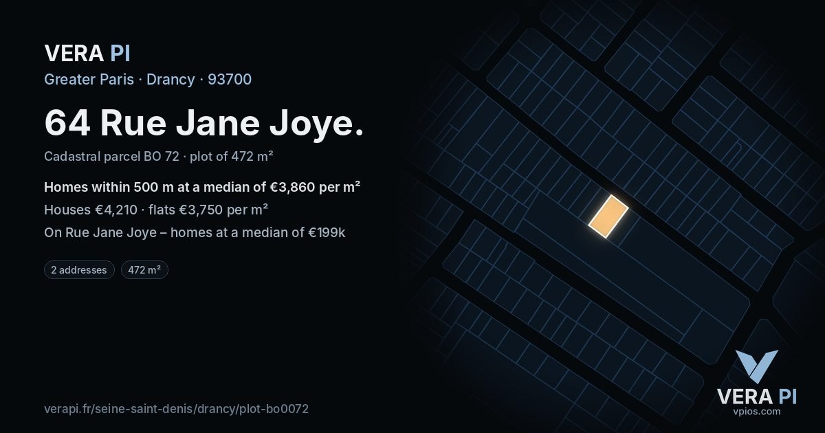64 Rue Jane Joye, Drancy at night – the plot lit, the parcels around coloured by the prices near them