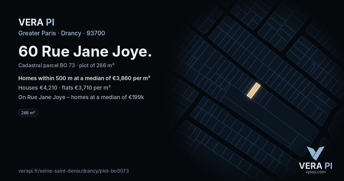 60 Rue Jane Joye, Drancy at night – the plot lit, the parcels around coloured by the prices near them
