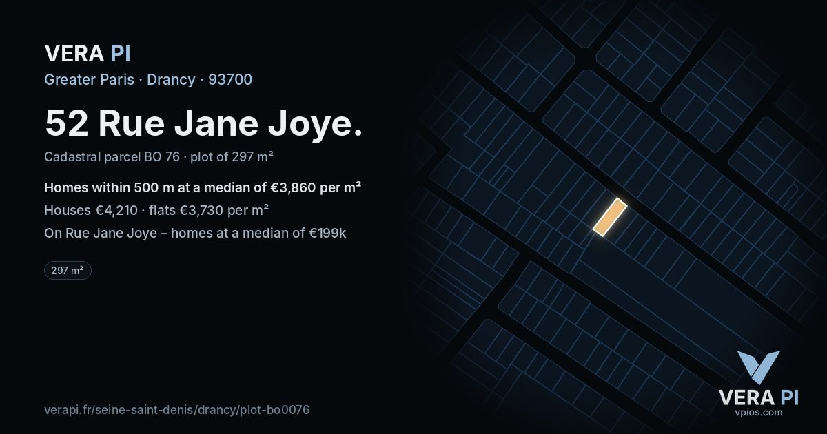 52 Rue Jane Joye, Drancy at night – the plot lit, the parcels around coloured by the prices near them