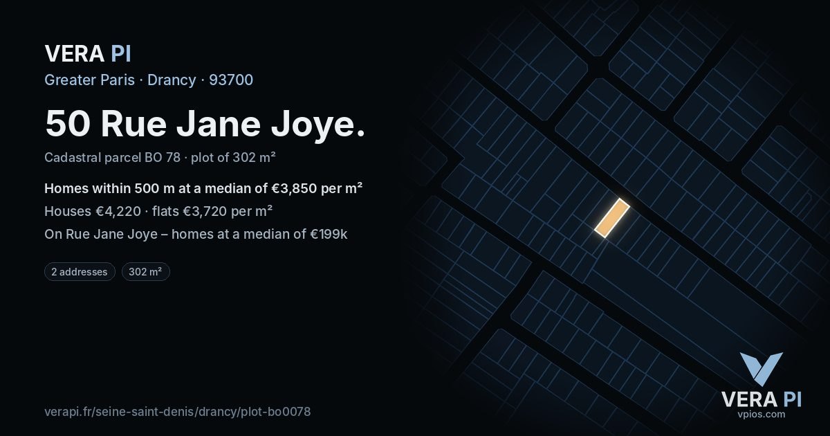 50 Rue Jane Joye, Drancy at night – the plot lit, the parcels around coloured by the prices near them