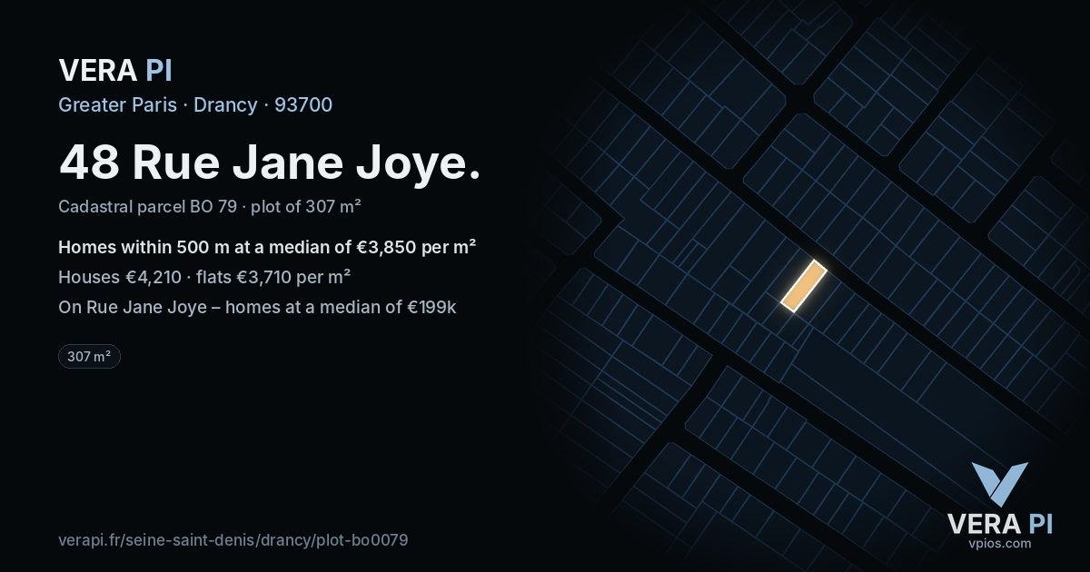 48 Rue Jane Joye, Drancy at night – the plot lit, the parcels around coloured by the prices near them