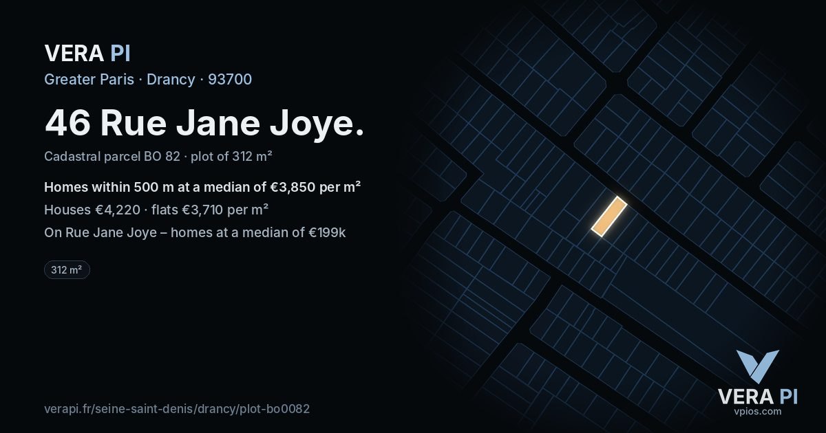 46 Rue Jane Joye, Drancy at night – the plot lit, the parcels around coloured by the prices near them