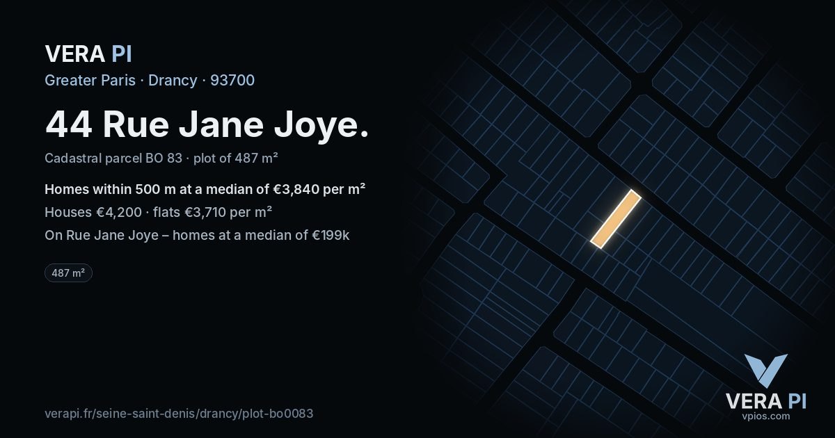 44 Rue Jane Joye, Drancy at night – the plot lit, the parcels around coloured by the prices near them
